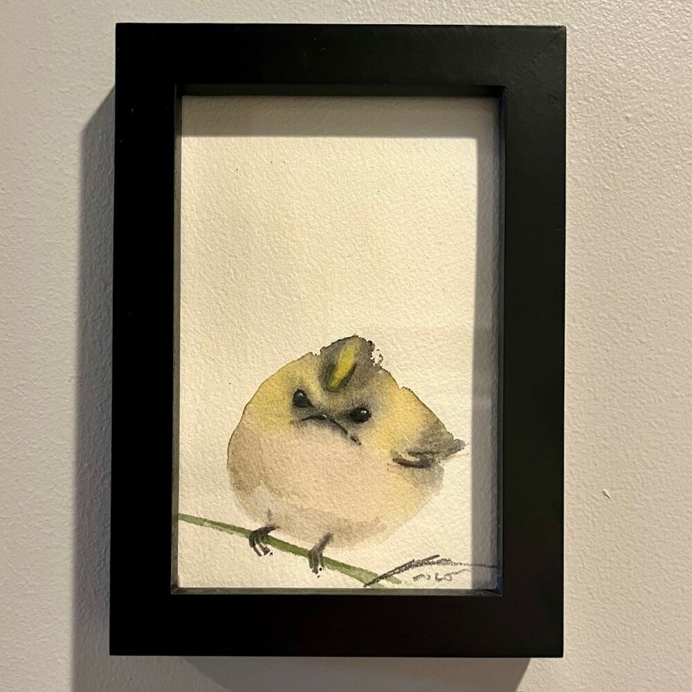 Original Watercolor Painting Baby Bird Kinglet 4x6 Framed Signed Holly Wach